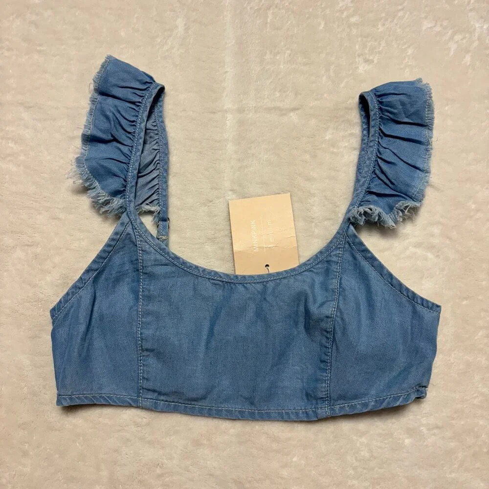 NWT Minkpink Demin MPD‎ Crop Top Flare Shoulders Denim Style Ruffle Light Blue S